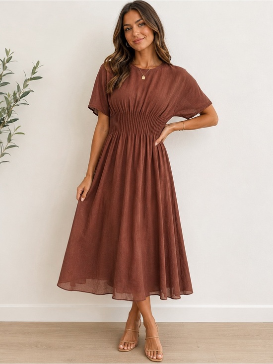 Zara Dresses & Skirts - Zara Chestnut Brown Smocked-Waist Midi Dress